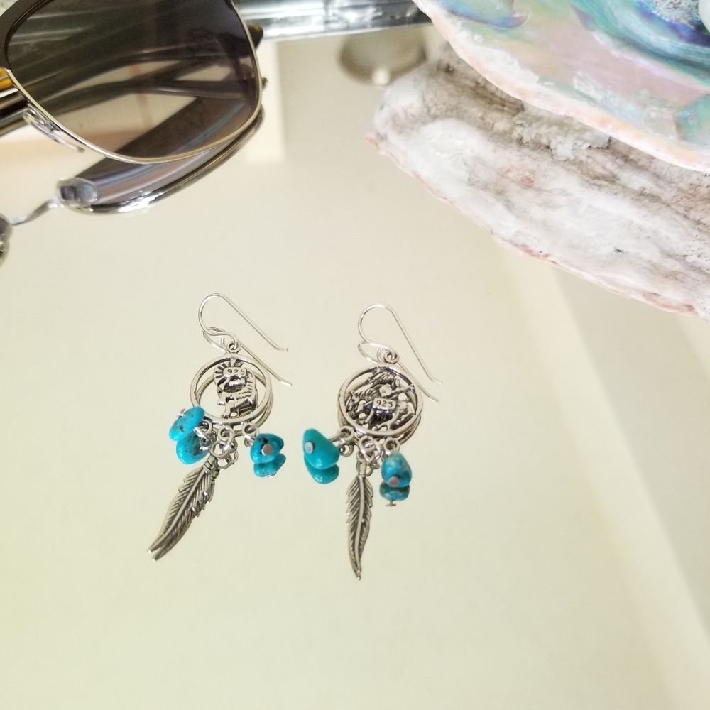 NEW Kokopeli; Feather; Turquoise Drop Earrings